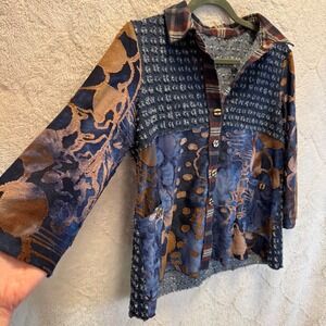 Vintage 90s Style Patchwork Blouse Wearable Art Denim Floral Plaid Boho Shirt